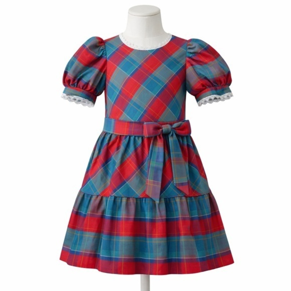 Vintage Ruth of Carolina Girls Plaid Dress Bow Lace Puff Sleeve 6X